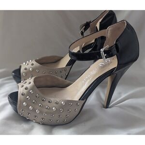 Y2K Rock Republic Studded Peep Toe Heels Black Patent leather Women Size 9